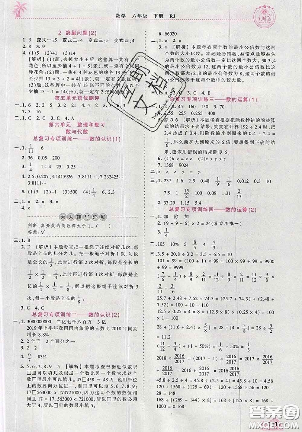 2020新版王朝霞德才兼?zhèn)渥鳂I(yè)創(chuàng)新設(shè)計(jì)六年級(jí)數(shù)學(xué)下冊(cè)人教版答案