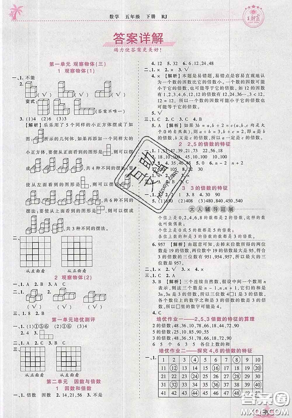 2020新版王朝霞德才兼?zhèn)渥鳂I(yè)創(chuàng)新設(shè)計(jì)五年級(jí)數(shù)學(xué)下冊人教版答案