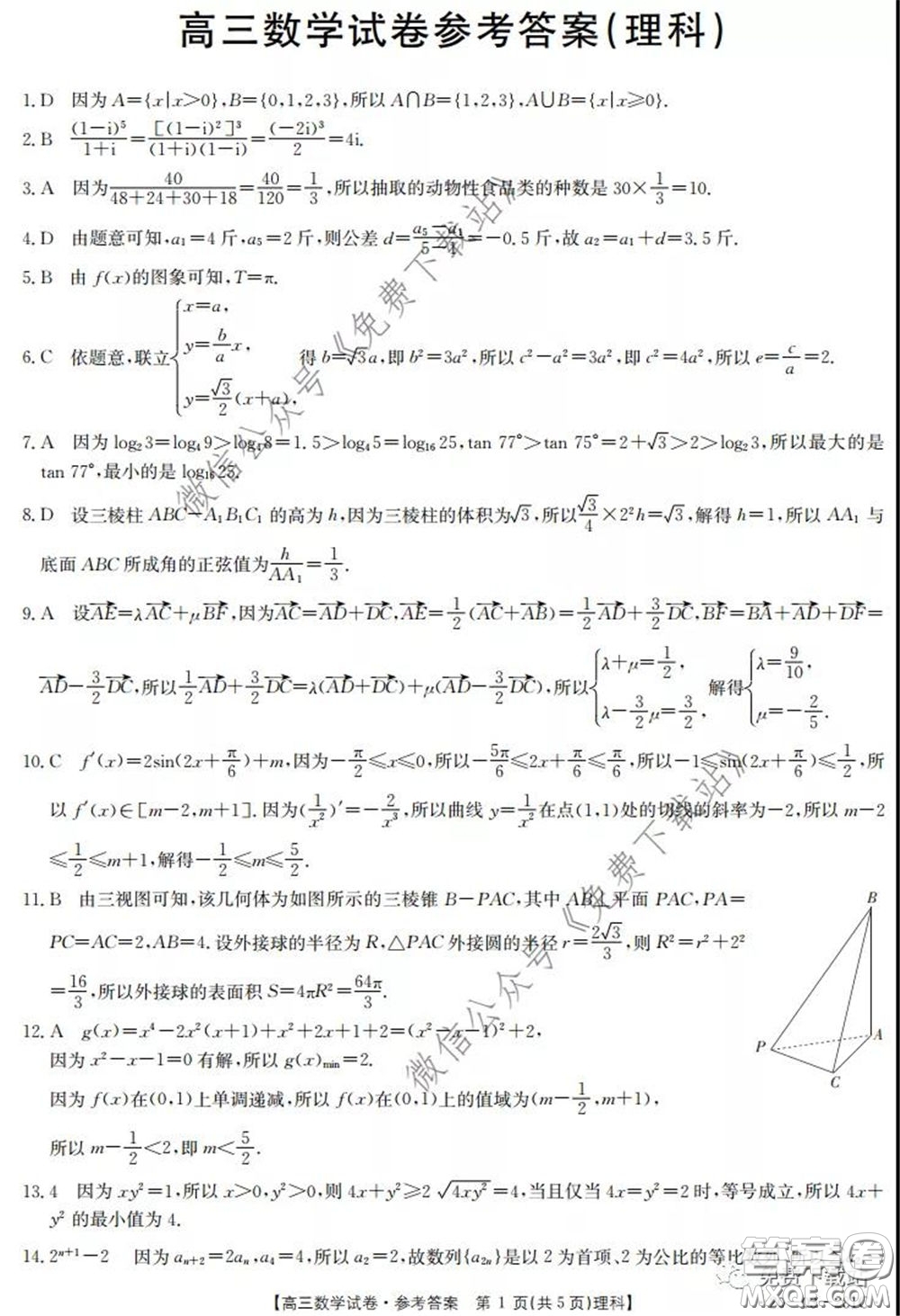 2020年湖南金太陽(yáng)高三5月聯(lián)考理科數(shù)學(xué)試題及答案