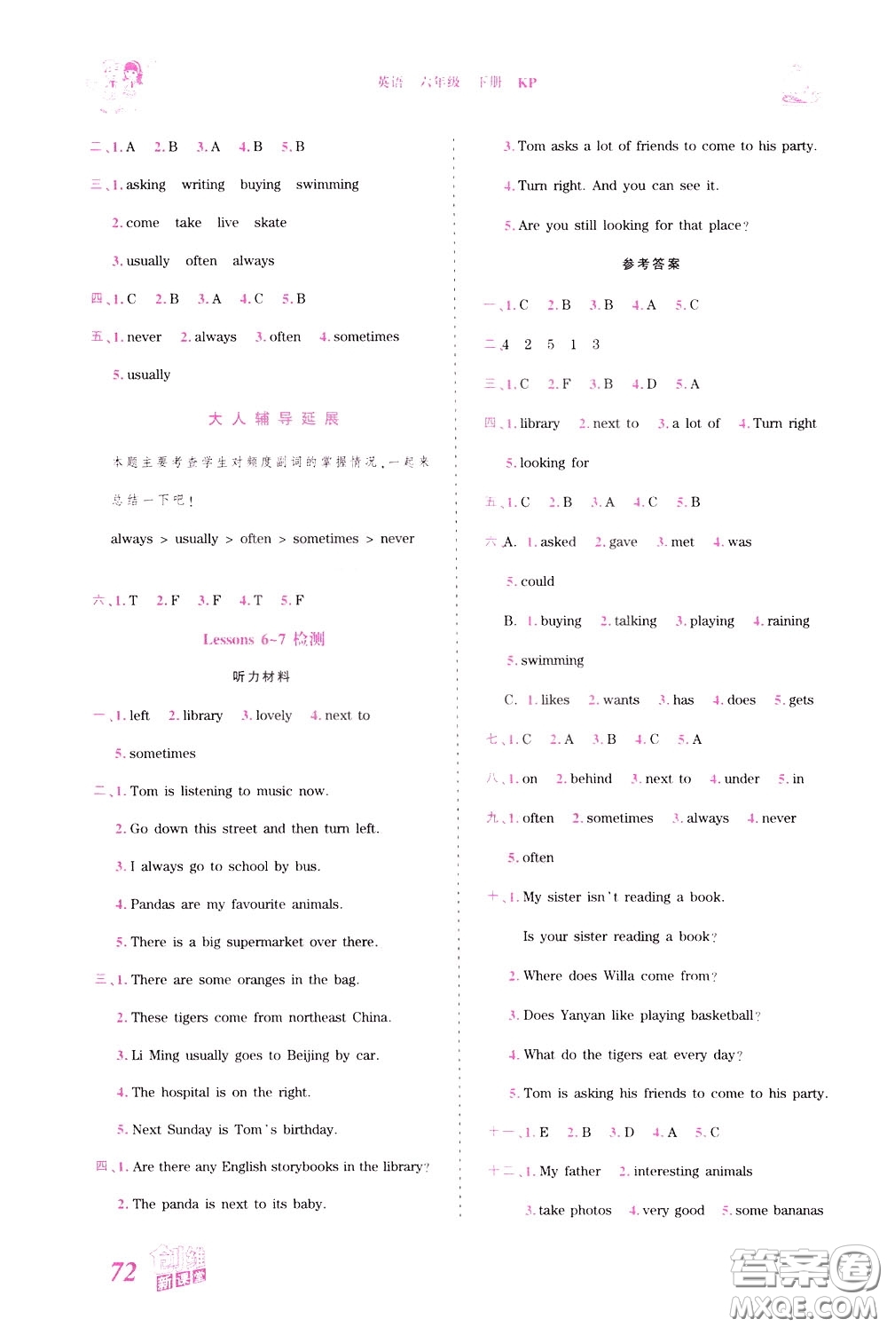 2020年王朝霞創(chuàng)維新課堂同步優(yōu)化訓(xùn)練英語六年級下冊KP科普版參考答案