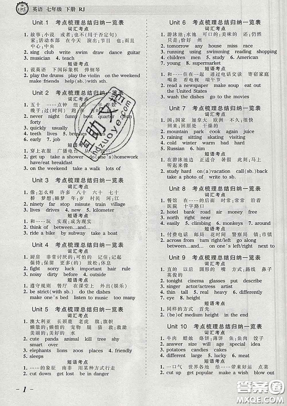 2020新版王朝霞考點(diǎn)梳理時習(xí)卷七年級英語下冊人教版答案
