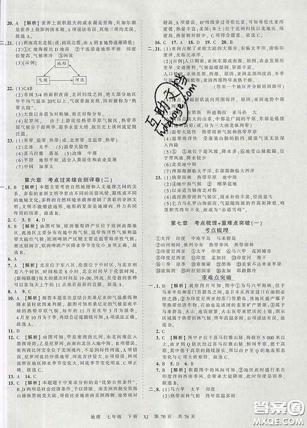 2020新版王朝霞考點梳理時習卷七年級地理下冊湘教版答案
