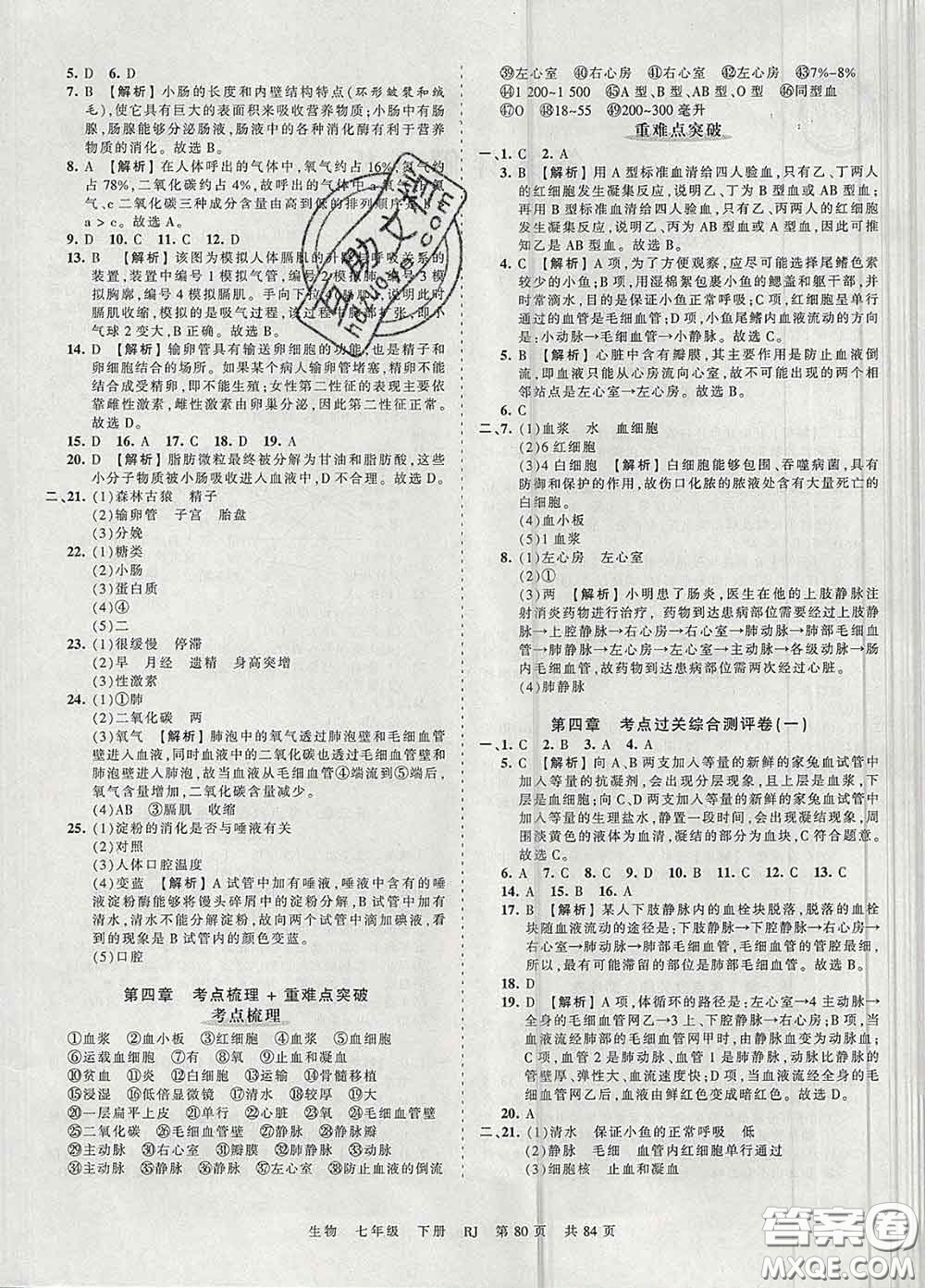 2020新版王朝霞考點梳理時習卷七年級生物下冊人教版答案