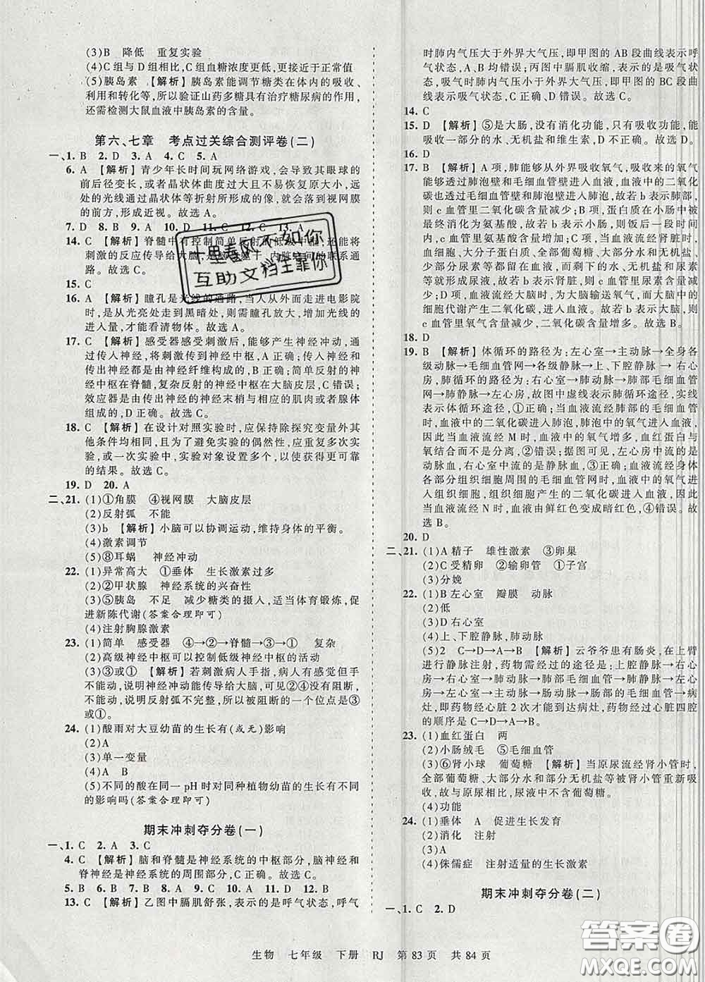 2020新版王朝霞考點梳理時習卷七年級生物下冊人教版答案