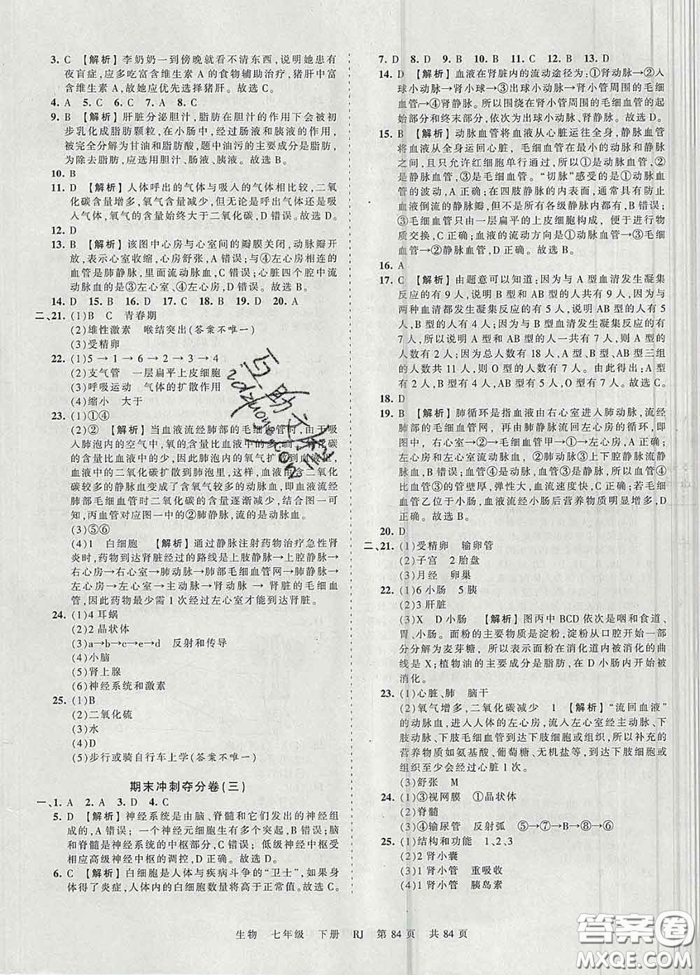 2020新版王朝霞考點梳理時習卷七年級生物下冊人教版答案
