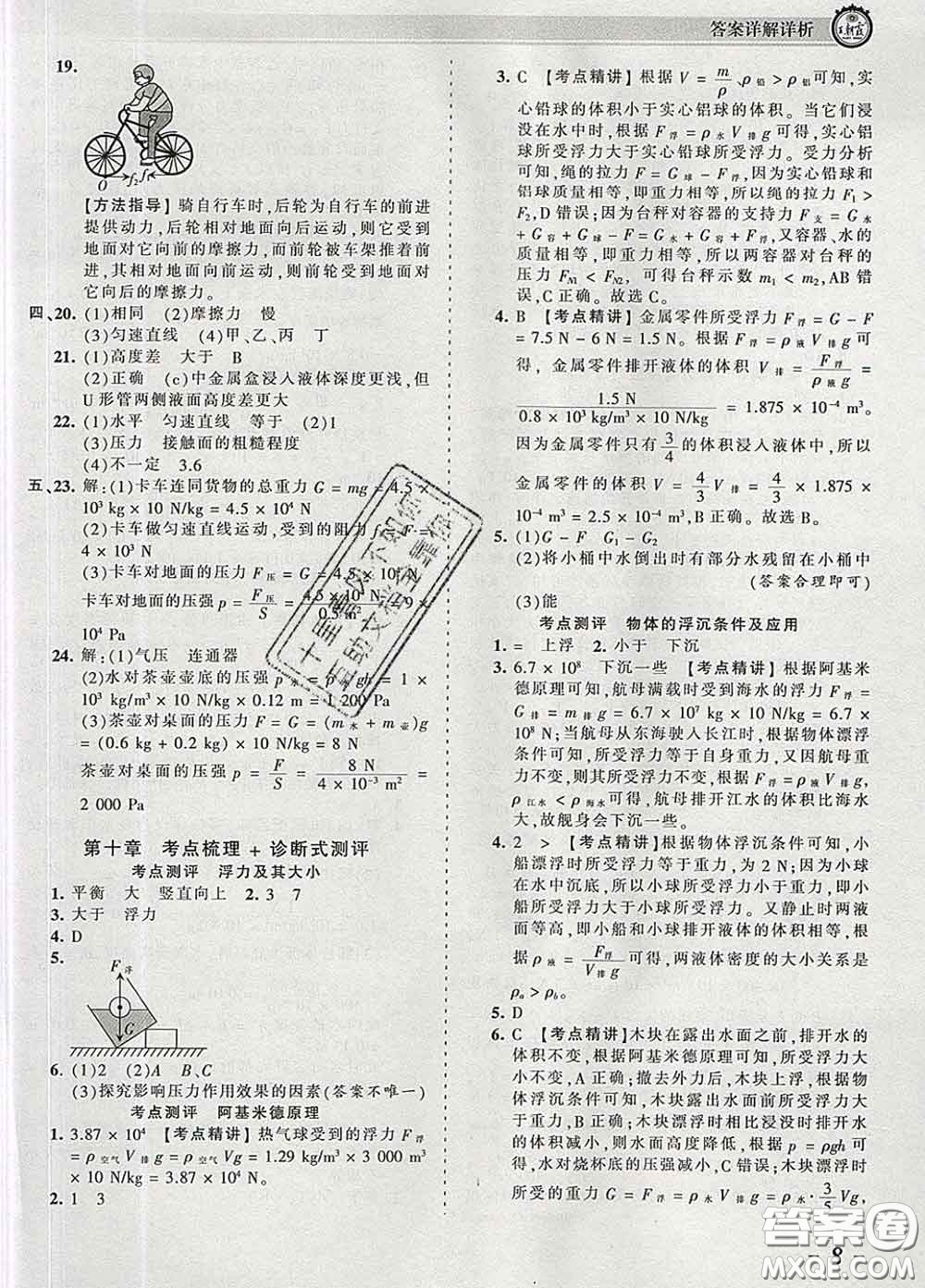2020新版王朝霞考點梳理時習(xí)卷八年級物理下冊人教版答案