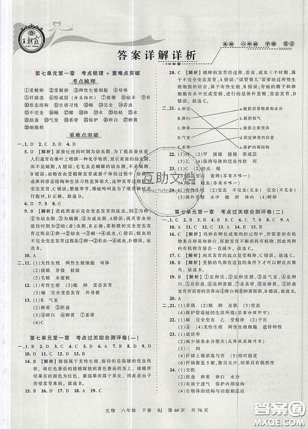 2020新版王朝霞考點梳理時習(xí)卷八年級生物下冊人教版答案