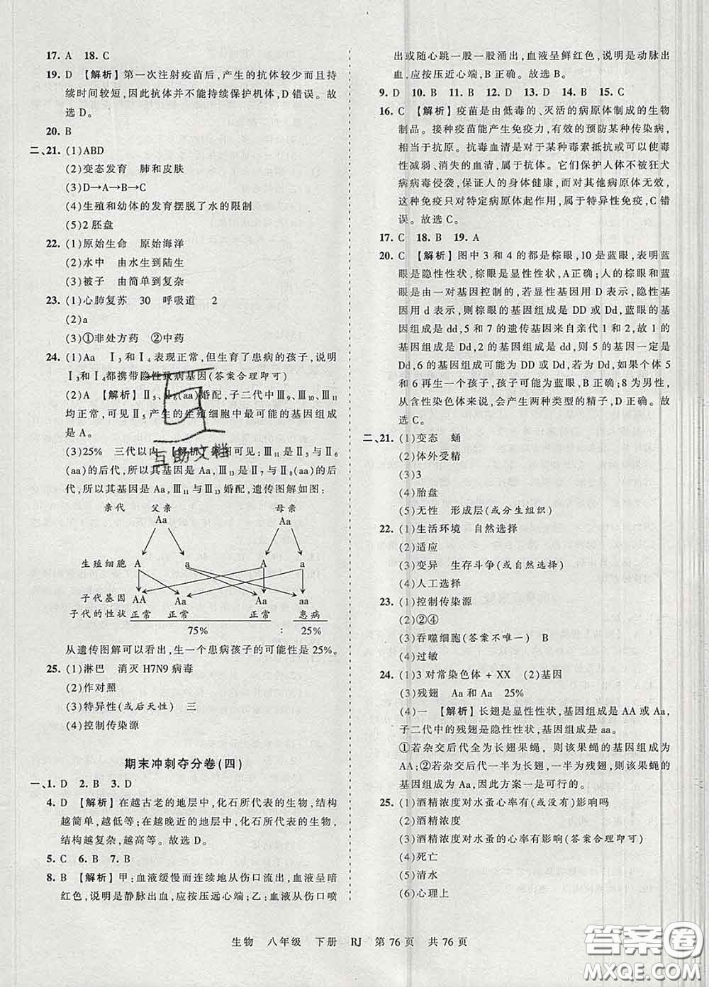 2020新版王朝霞考點梳理時習(xí)卷八年級生物下冊人教版答案