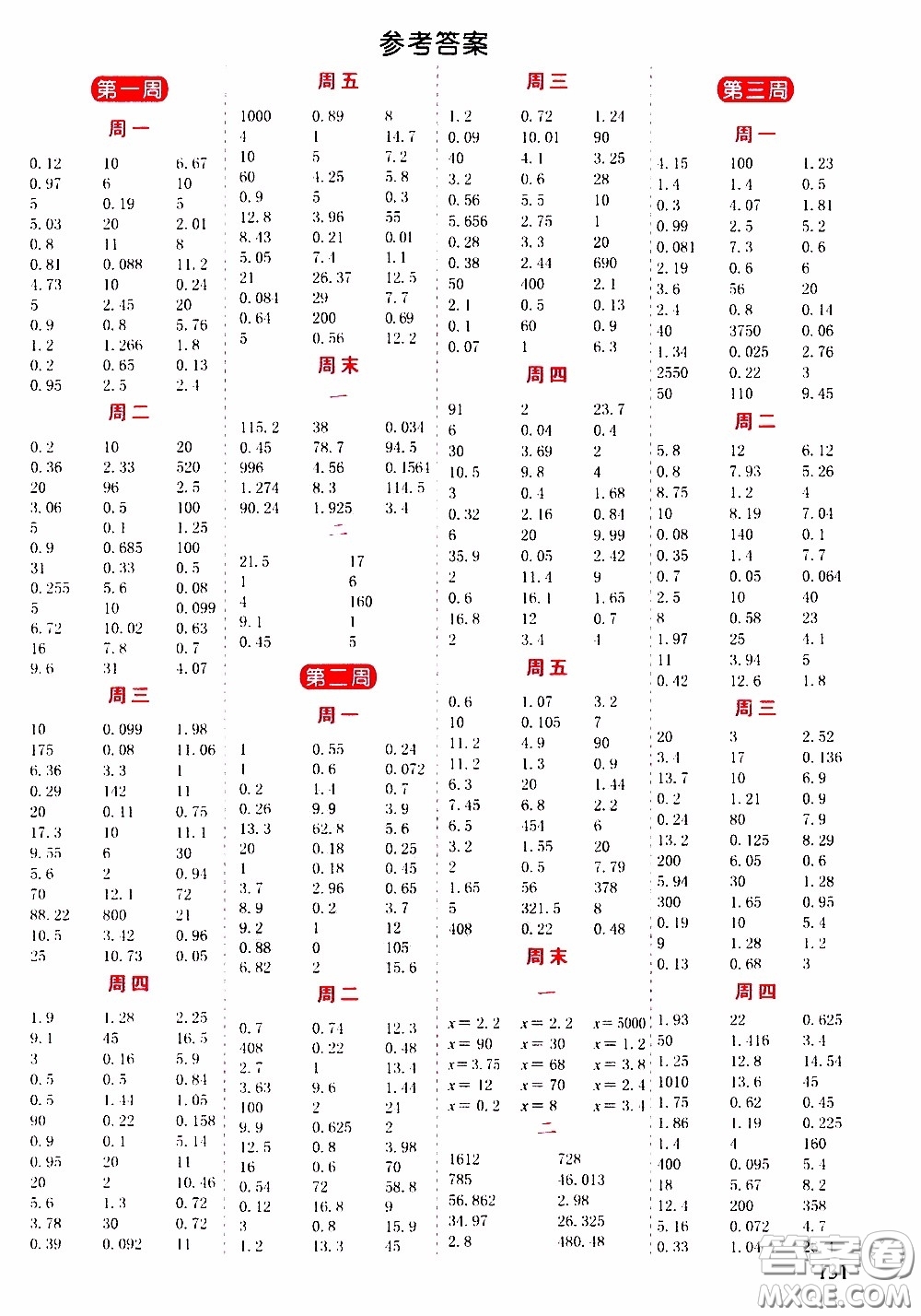 延邊人民出版社2020年小學(xué)生勵耘速算五年級下冊人教版浙江專版參考答案