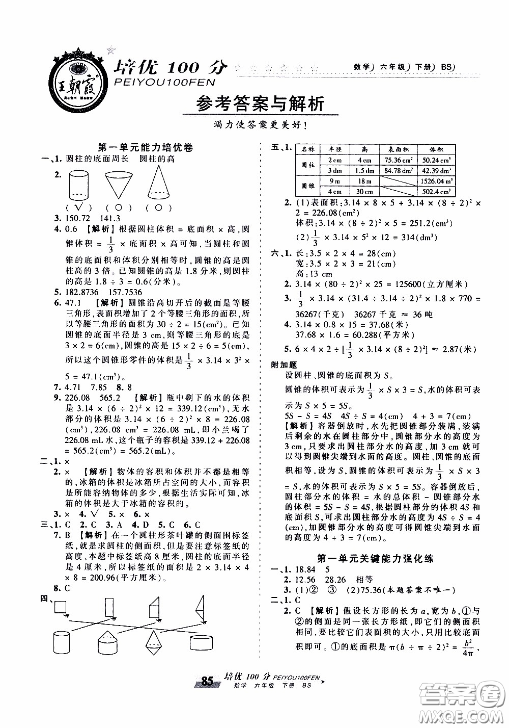 2020年王朝霞培優(yōu)100分數(shù)學(xué)六年級下冊BS北師版參考答案