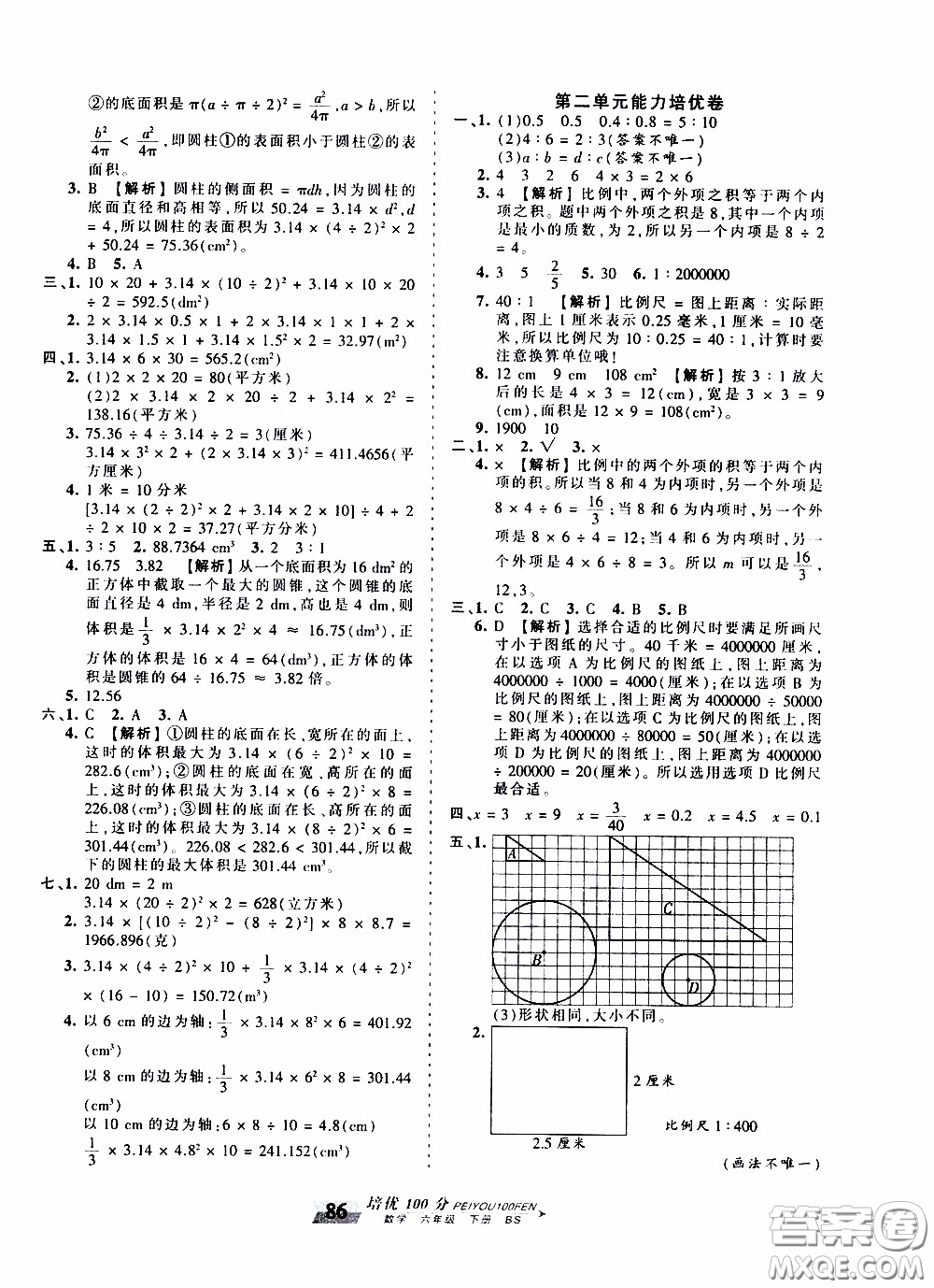 2020年王朝霞培優(yōu)100分數(shù)學(xué)六年級下冊BS北師版參考答案