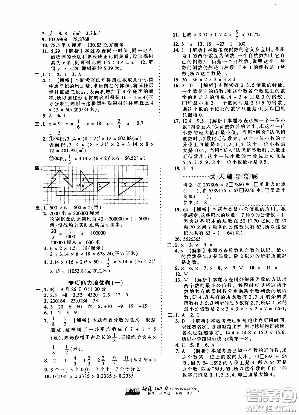 2020年王朝霞培優(yōu)100分數(shù)學(xué)六年級下冊BS北師版參考答案