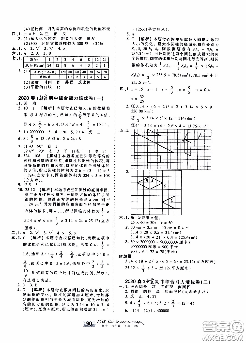 2020年王朝霞培優(yōu)100分數(shù)學(xué)六年級下冊BS北師版參考答案