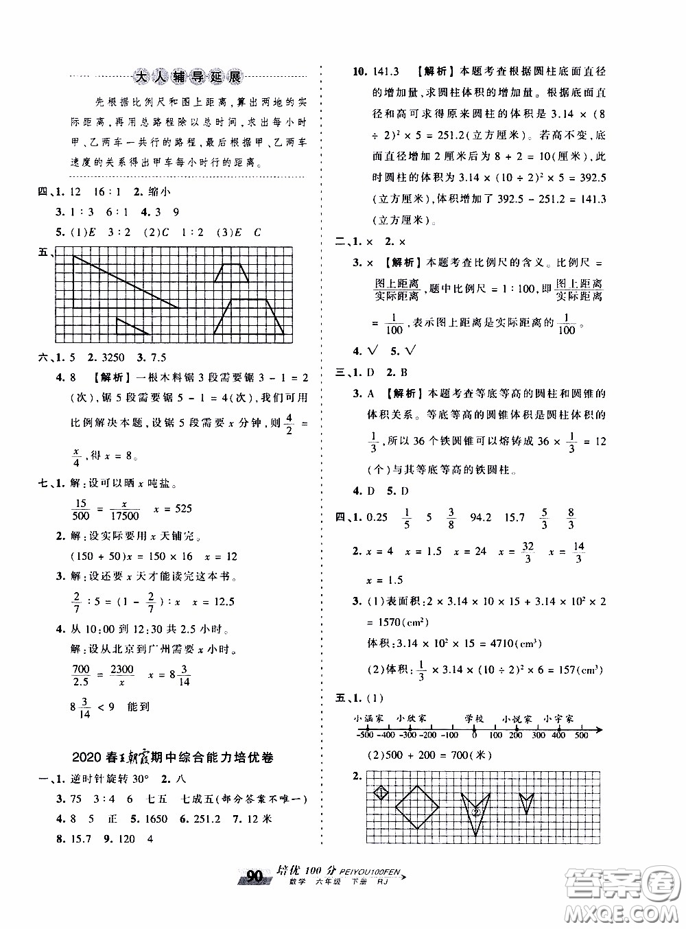 2020年王朝霞培優(yōu)100分?jǐn)?shù)學(xué)六年級下冊RJ人教版參考答案