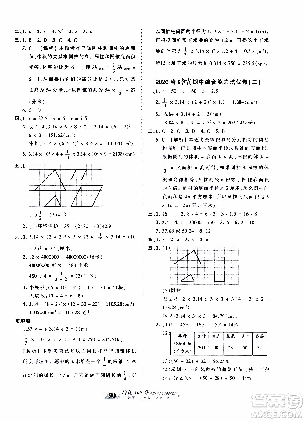 2020年王朝霞培優(yōu)100分?jǐn)?shù)學(xué)六年級下冊SJ蘇教版參考答案