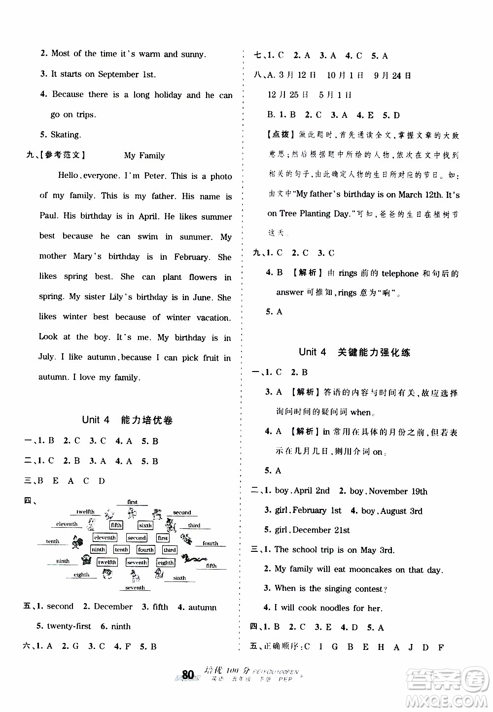 2020年王朝霞培優(yōu)100分英語五年級下冊PEP人教版參考答案