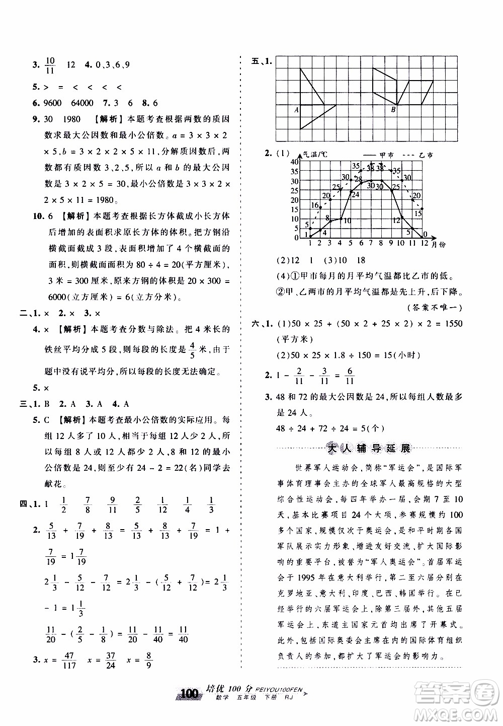 2020年王朝霞培優(yōu)100分?jǐn)?shù)學(xué)五年級(jí)下冊(cè)RJ人教版參考答案