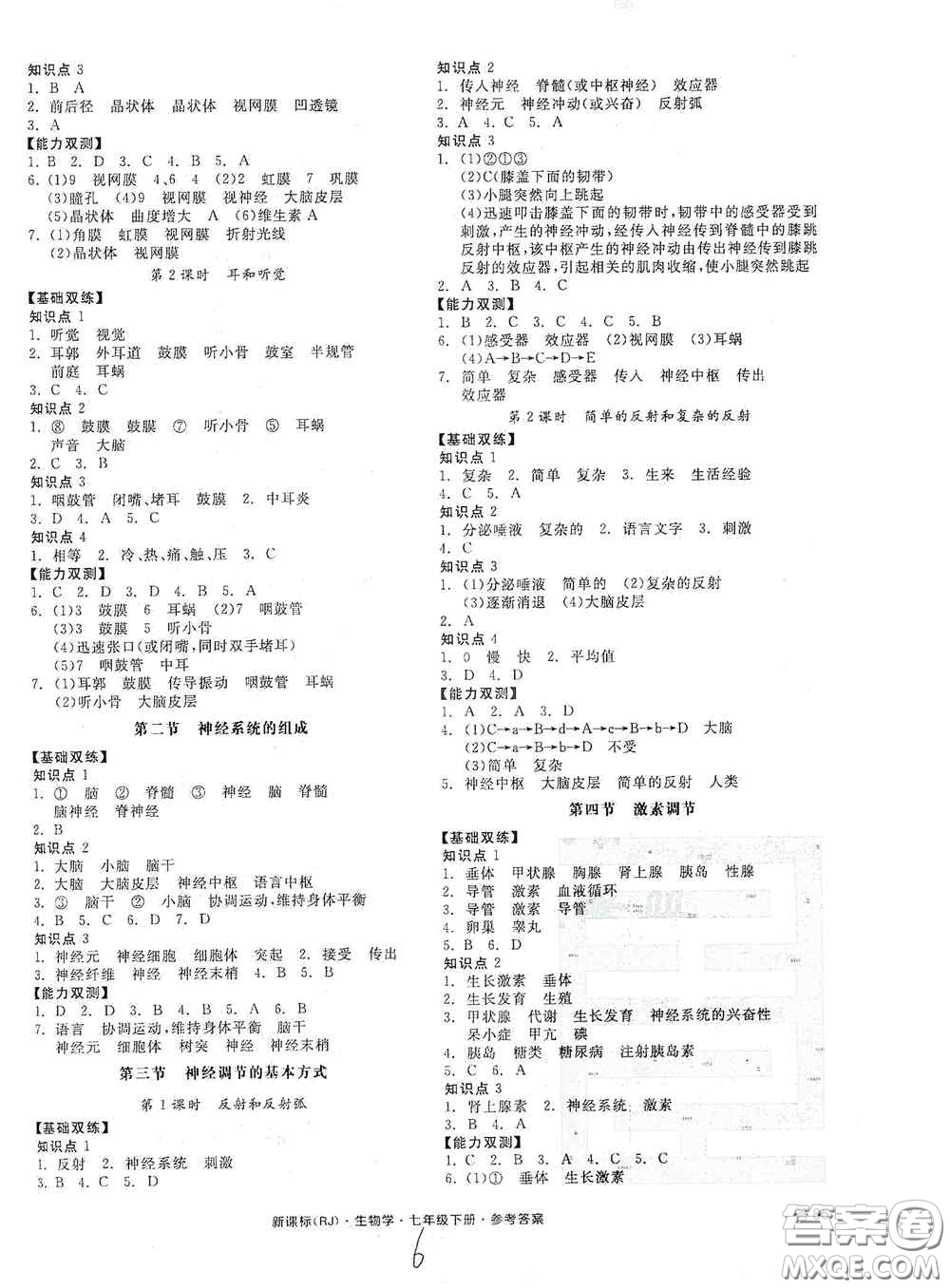 陽(yáng)光出版社2020全品作業(yè)本七年級(jí)生物學(xué)下冊(cè)新課標(biāo)人教版江西省專(zhuān)版答案