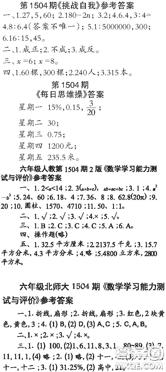 2020年小學(xué)生數(shù)學(xué)報六年級第1504期答案