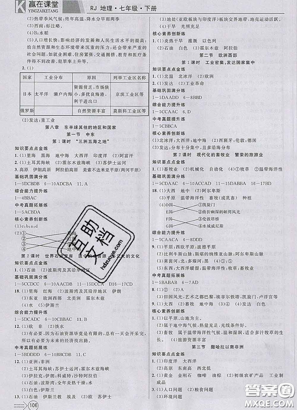 2020新版贏在課堂課堂滿(mǎn)分特訓(xùn)一本通七年級(jí)地理下冊(cè)人教版答案