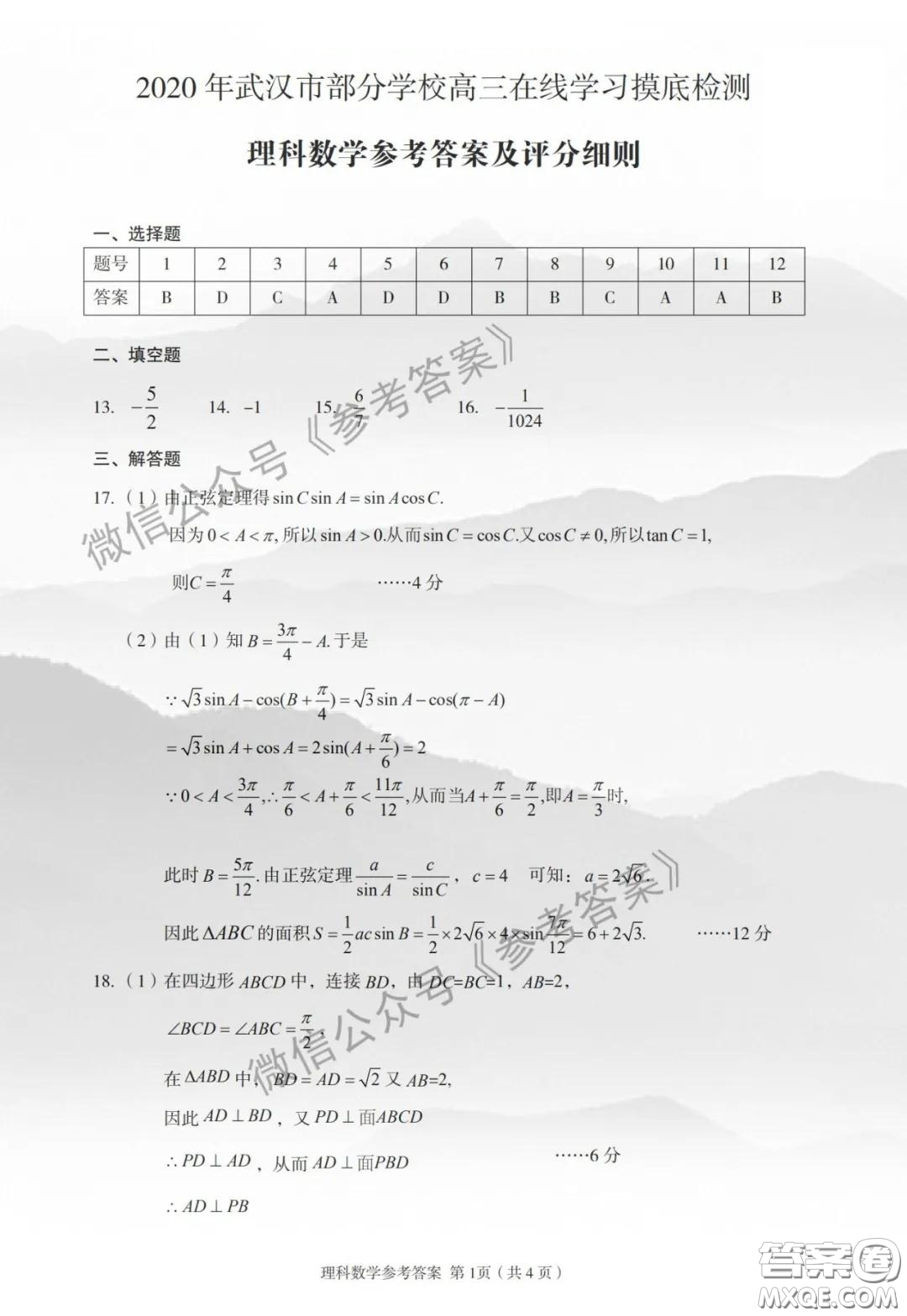 2020年武漢市部分學(xué)校高三在線學(xué)習(xí)摸底檢測(cè)理科數(shù)學(xué)答案