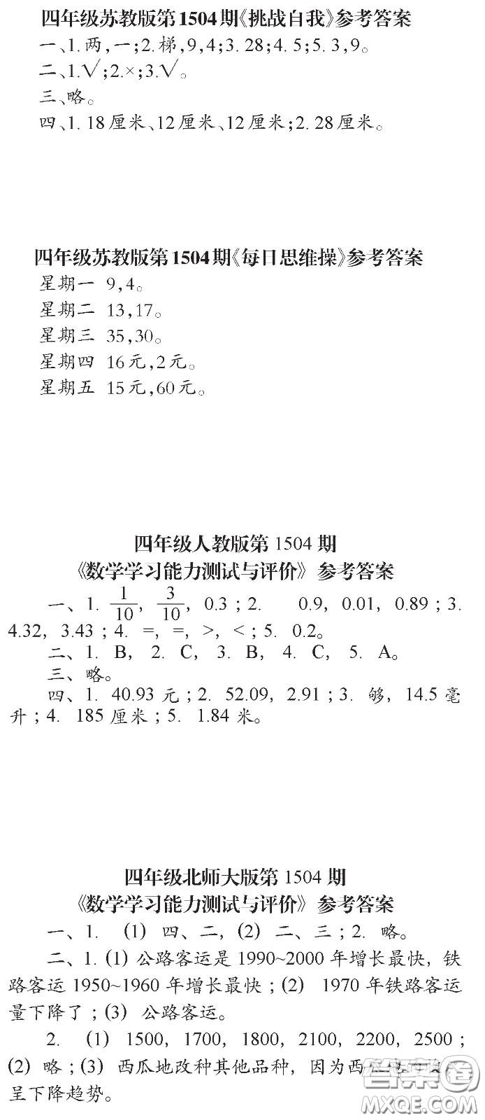 2020年小學生數(shù)學報四年級下學期第1504期答案