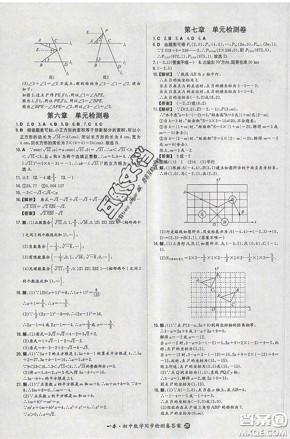 2020新版一本同步訓(xùn)練初中數(shù)學(xué)七年級(jí)下冊人教版答案