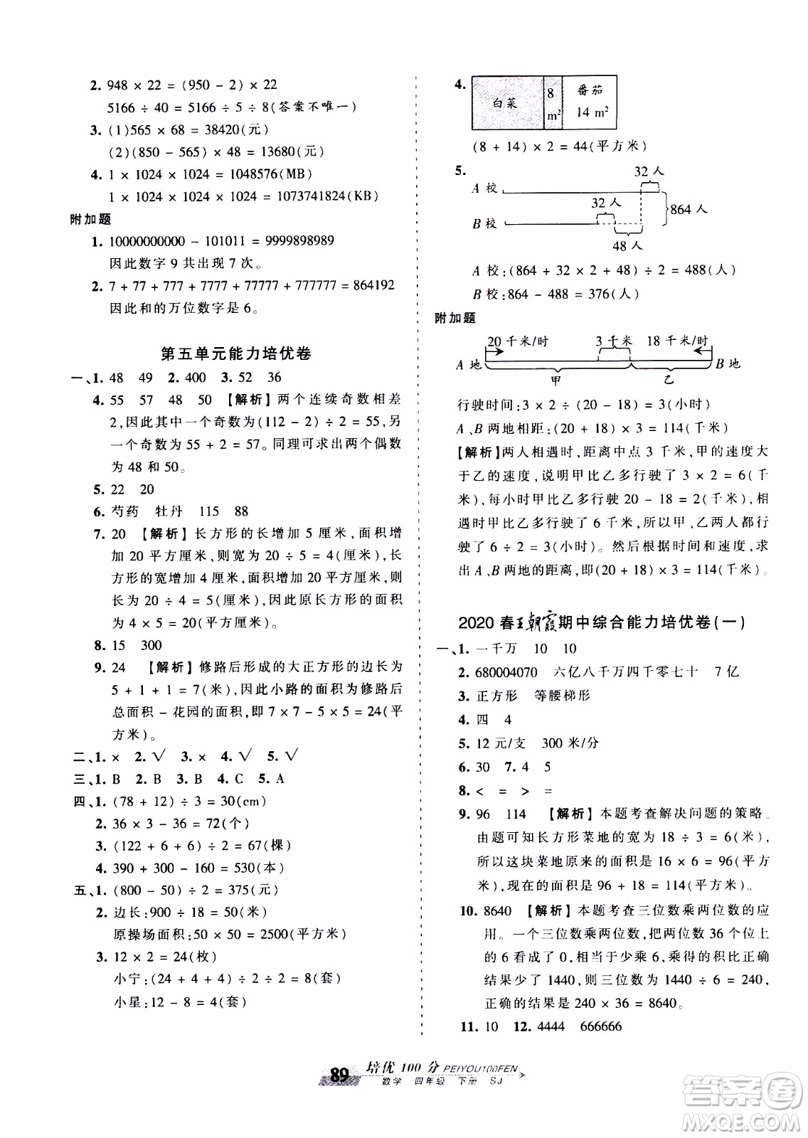 2020年王朝霞培優(yōu)100分數(shù)學四年級下冊SJ蘇教版參考答案