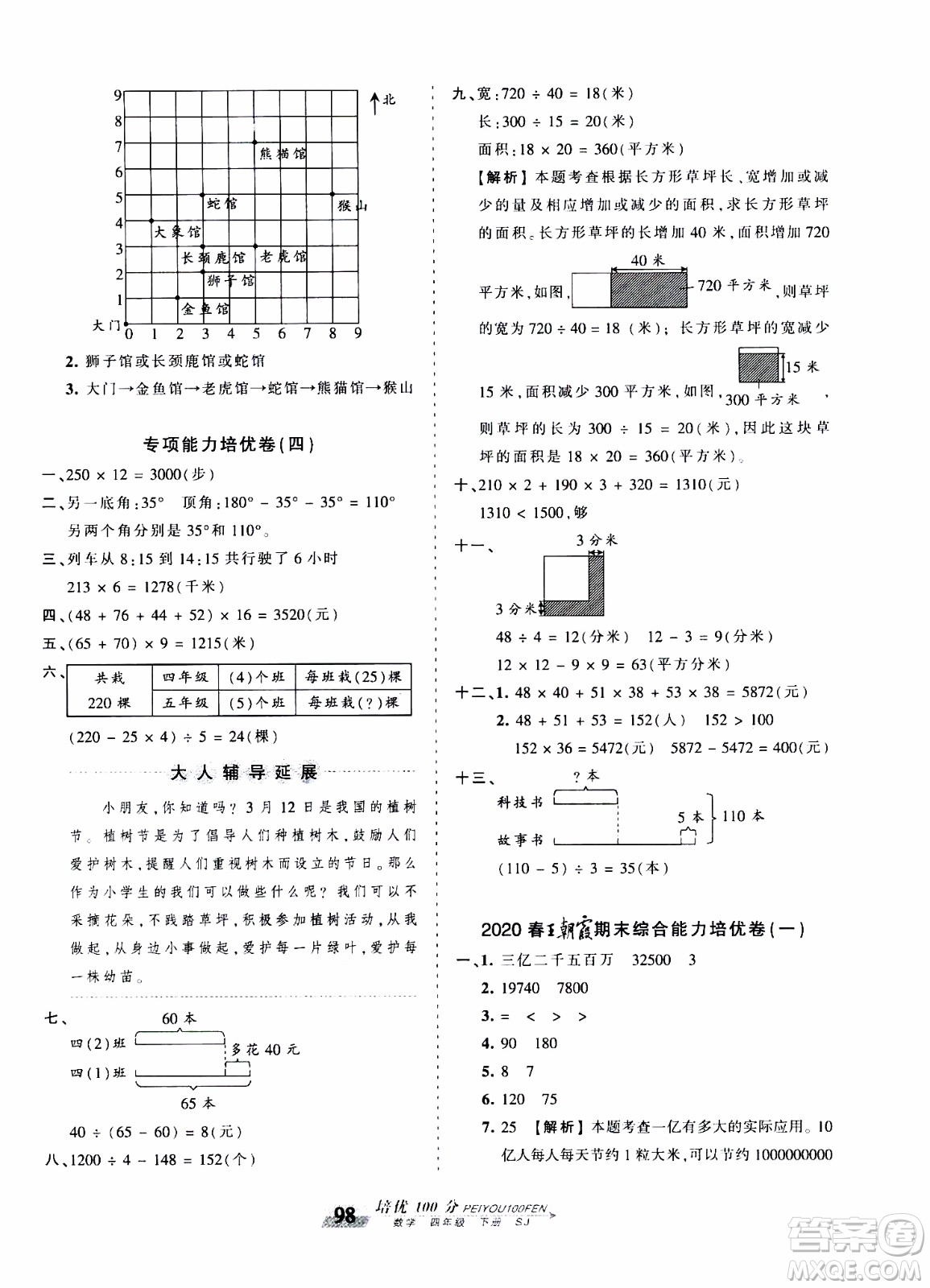 2020年王朝霞培優(yōu)100分數(shù)學四年級下冊SJ蘇教版參考答案