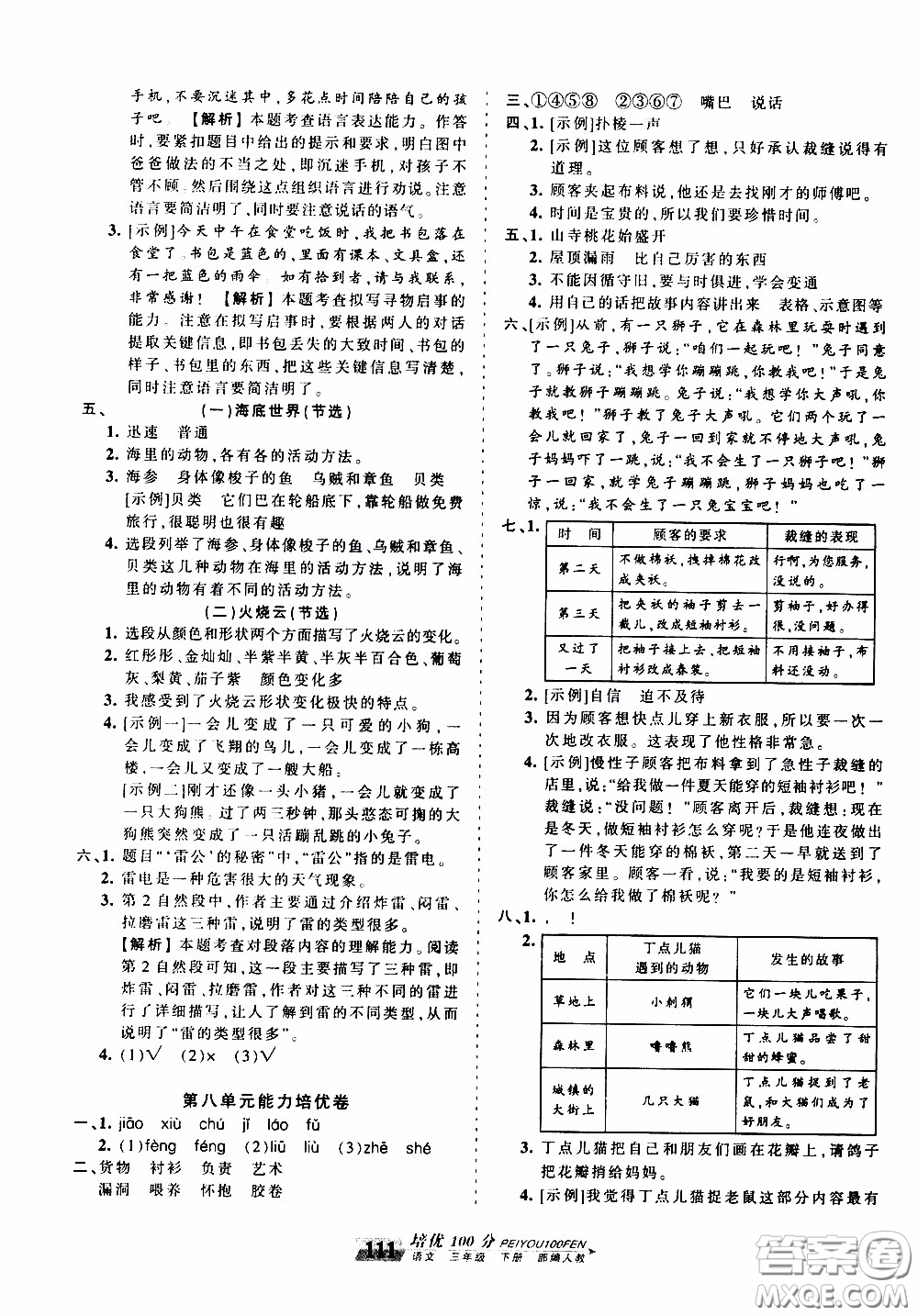2020年王朝霞培優(yōu)100分語文三年級下冊RJ人教版參考答案