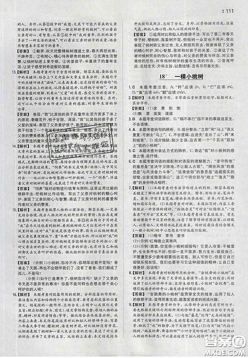 2020新版一本同步訓(xùn)練初中語文七年級下冊人教版答案