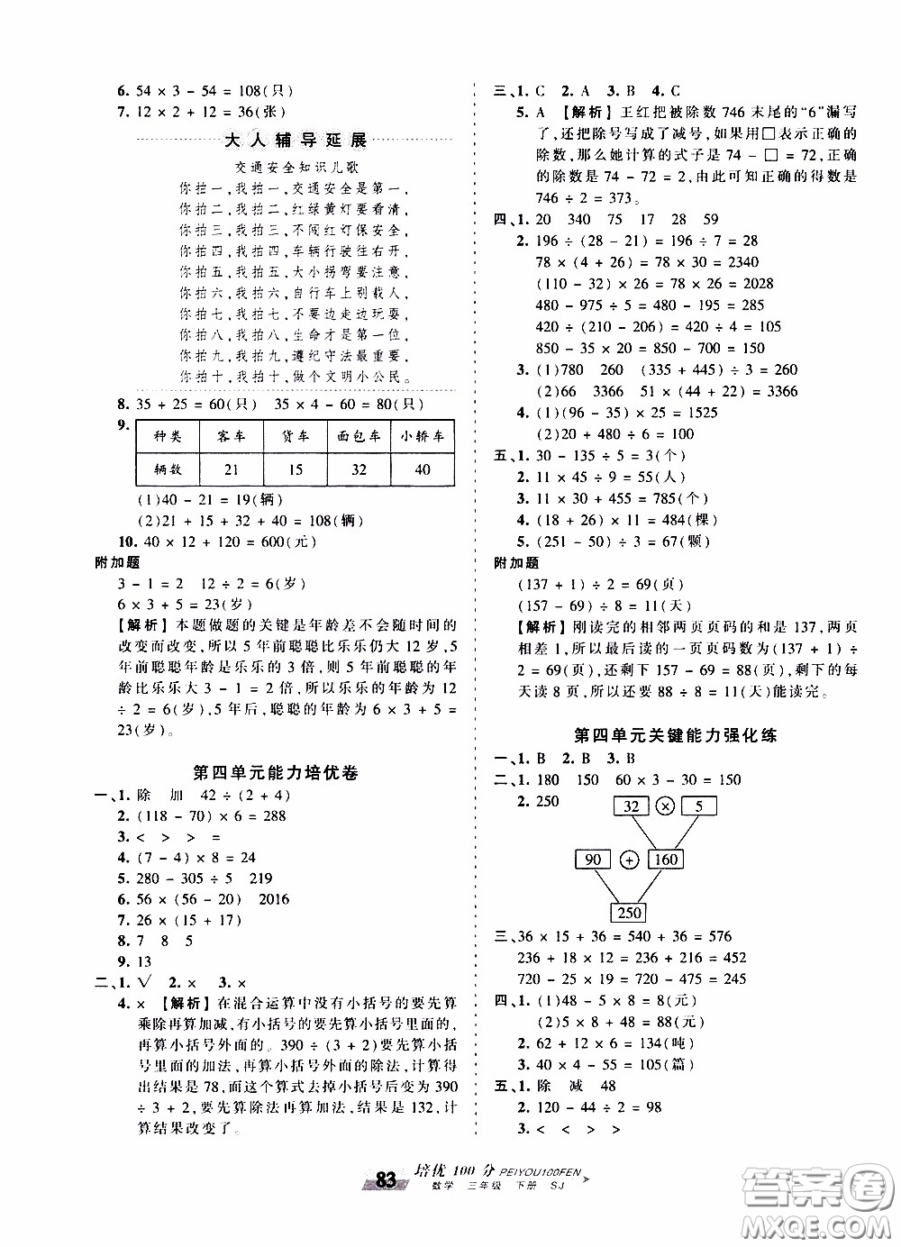 2020年王朝霞培優(yōu)100分數(shù)學(xué)三年級下冊SJ蘇教版參考答案