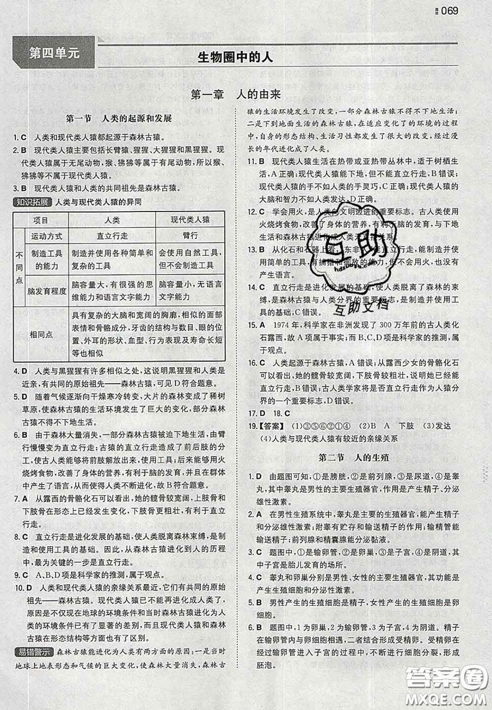2020新版一本同步訓(xùn)練初中生物七年級下冊人教版答案