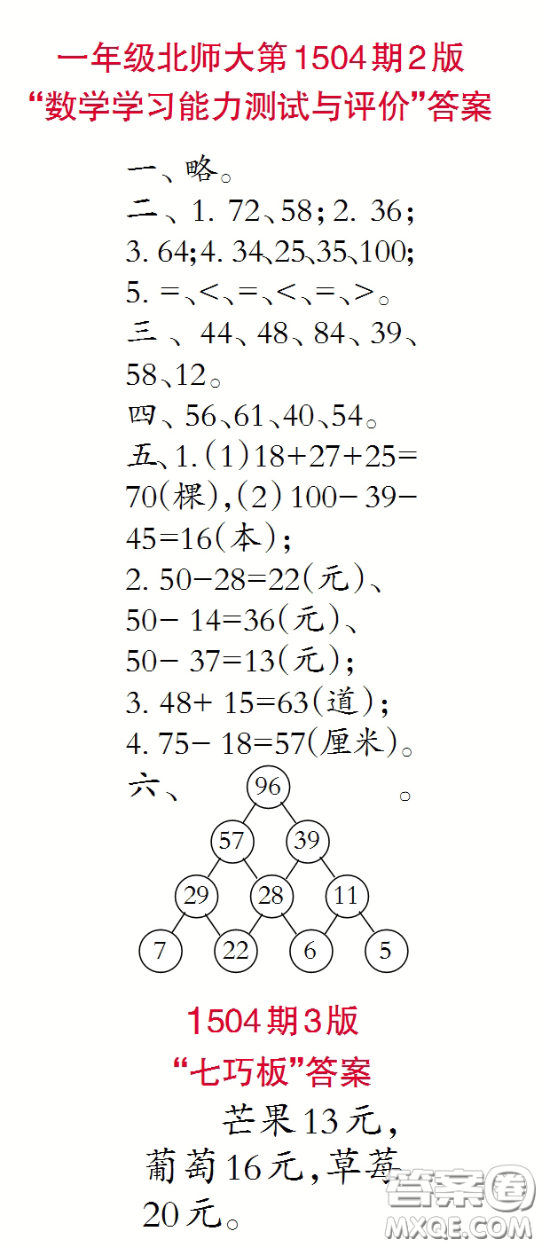 2020年小學(xué)生數(shù)學(xué)報(bào)一年級(jí)下學(xué)期第1504期答案