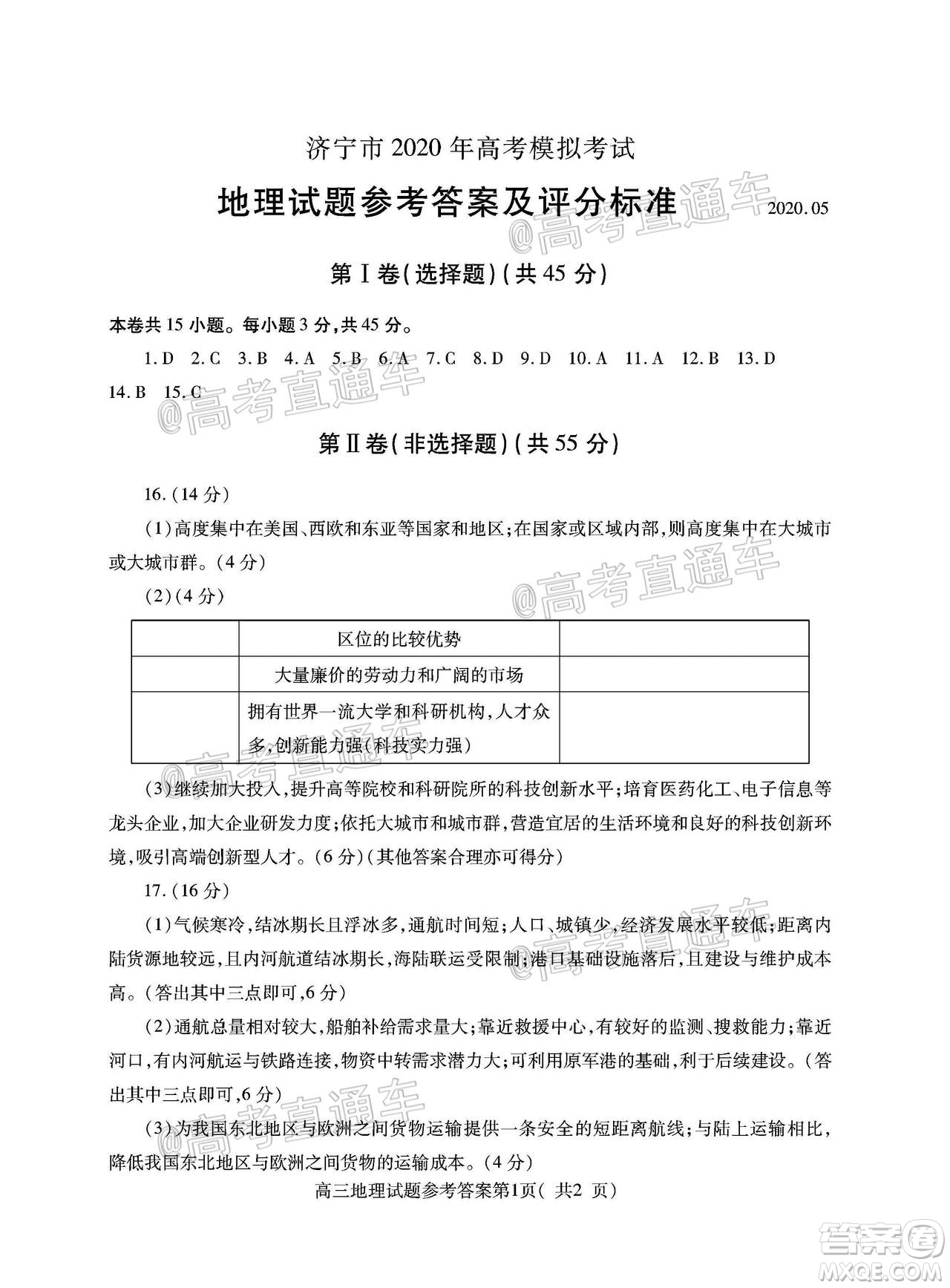 濟寧市2020年5月高考模擬考試地理試題及答案