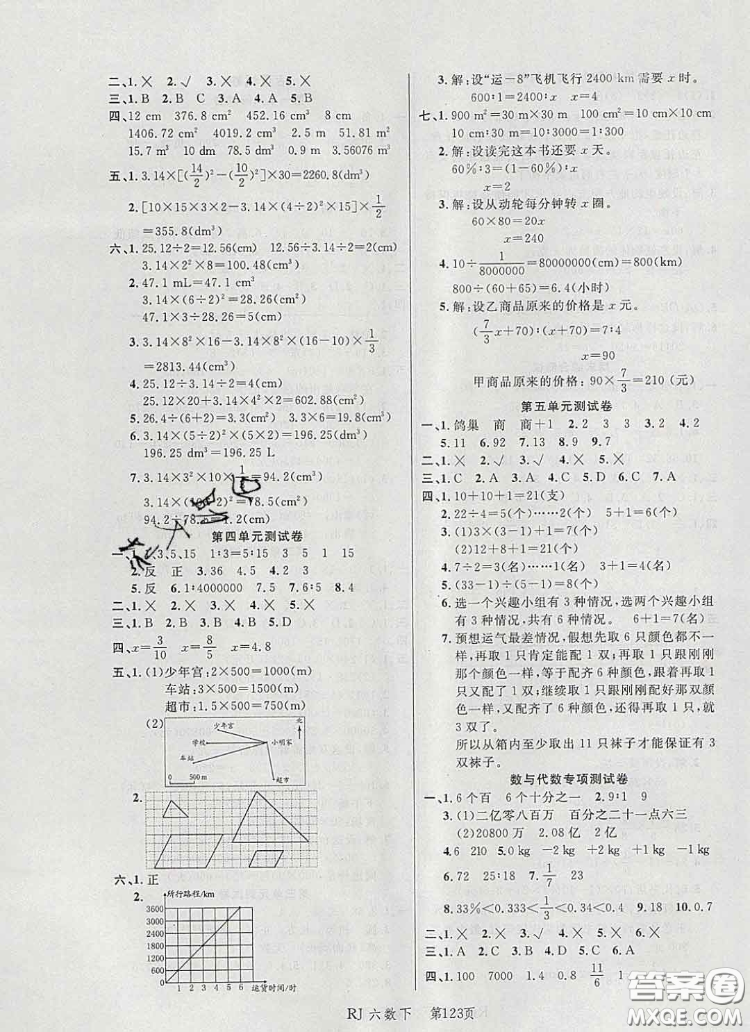 2020春品至教育小狀元隨堂手冊六年級數(shù)學(xué)下冊人教版參考答案