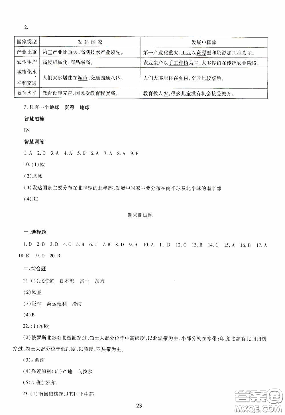 明天出版社2020智慧學(xué)習(xí)七年級(jí)地理下冊答案