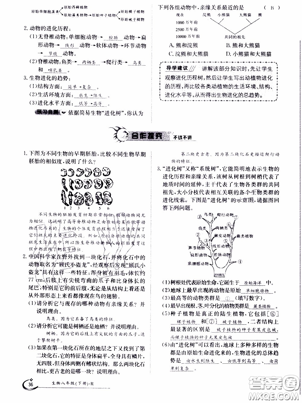 江西高校出版社2020年金太陽(yáng)導(dǎo)學(xué)案生物八年級(jí)下冊(cè)參考答案