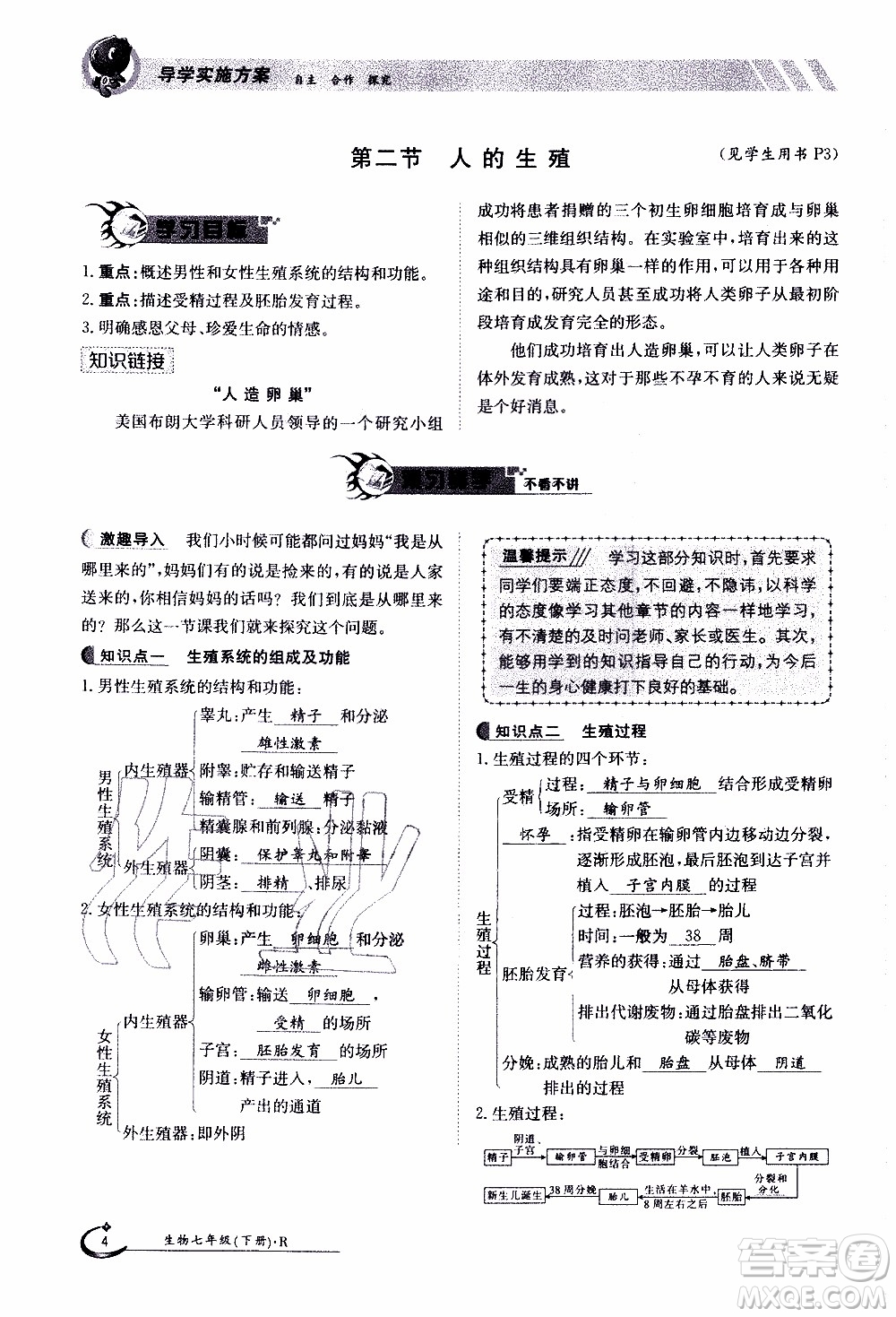 江西高校出版社2020年金太陽導學案生物七年級下冊參考答案