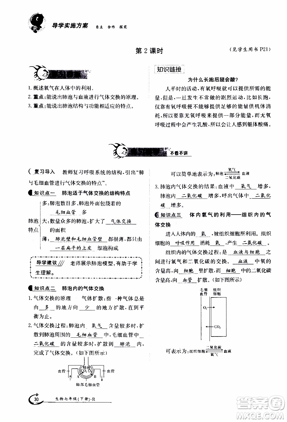 江西高校出版社2020年金太陽導學案生物七年級下冊參考答案