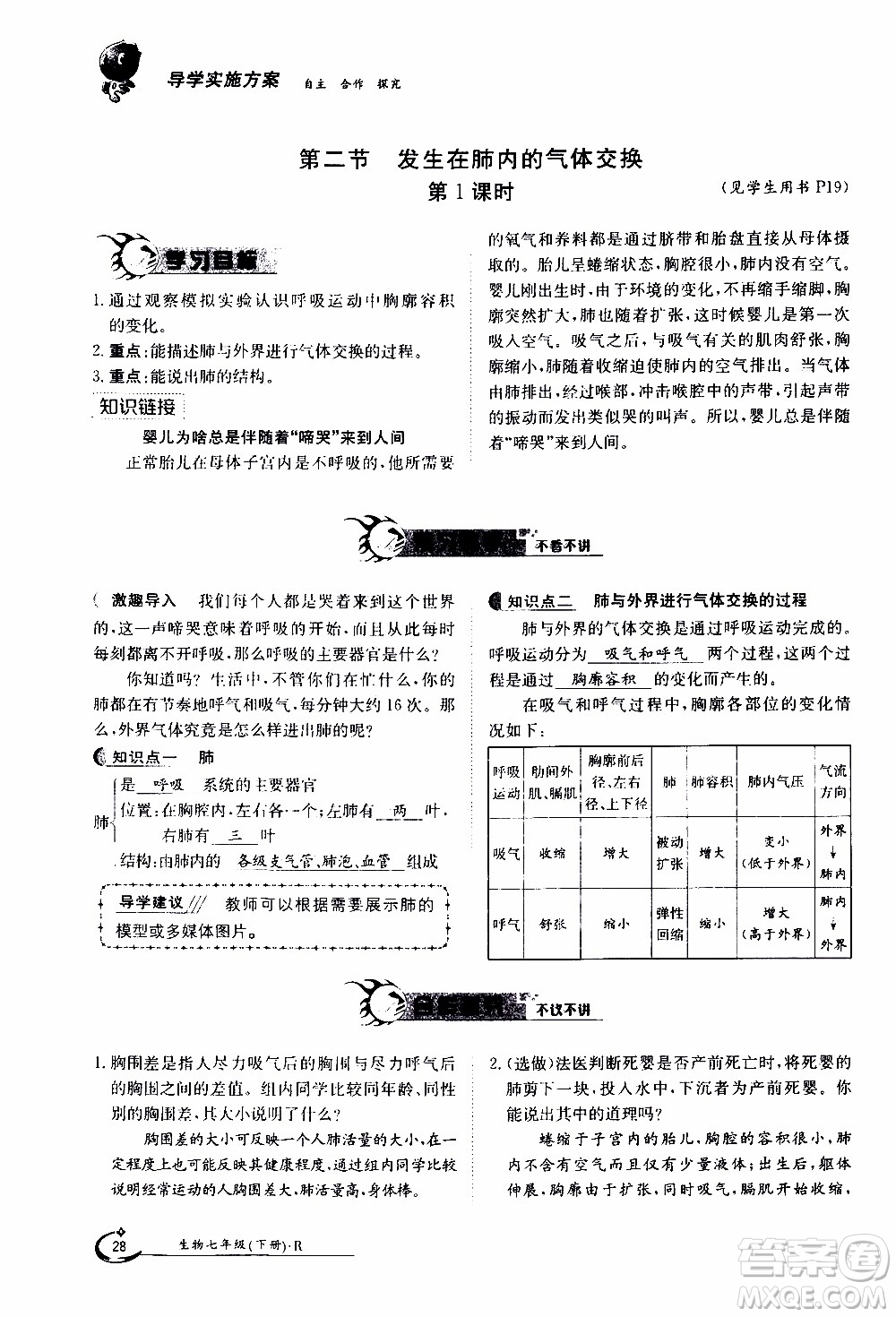 江西高校出版社2020年金太陽導學案生物七年級下冊參考答案