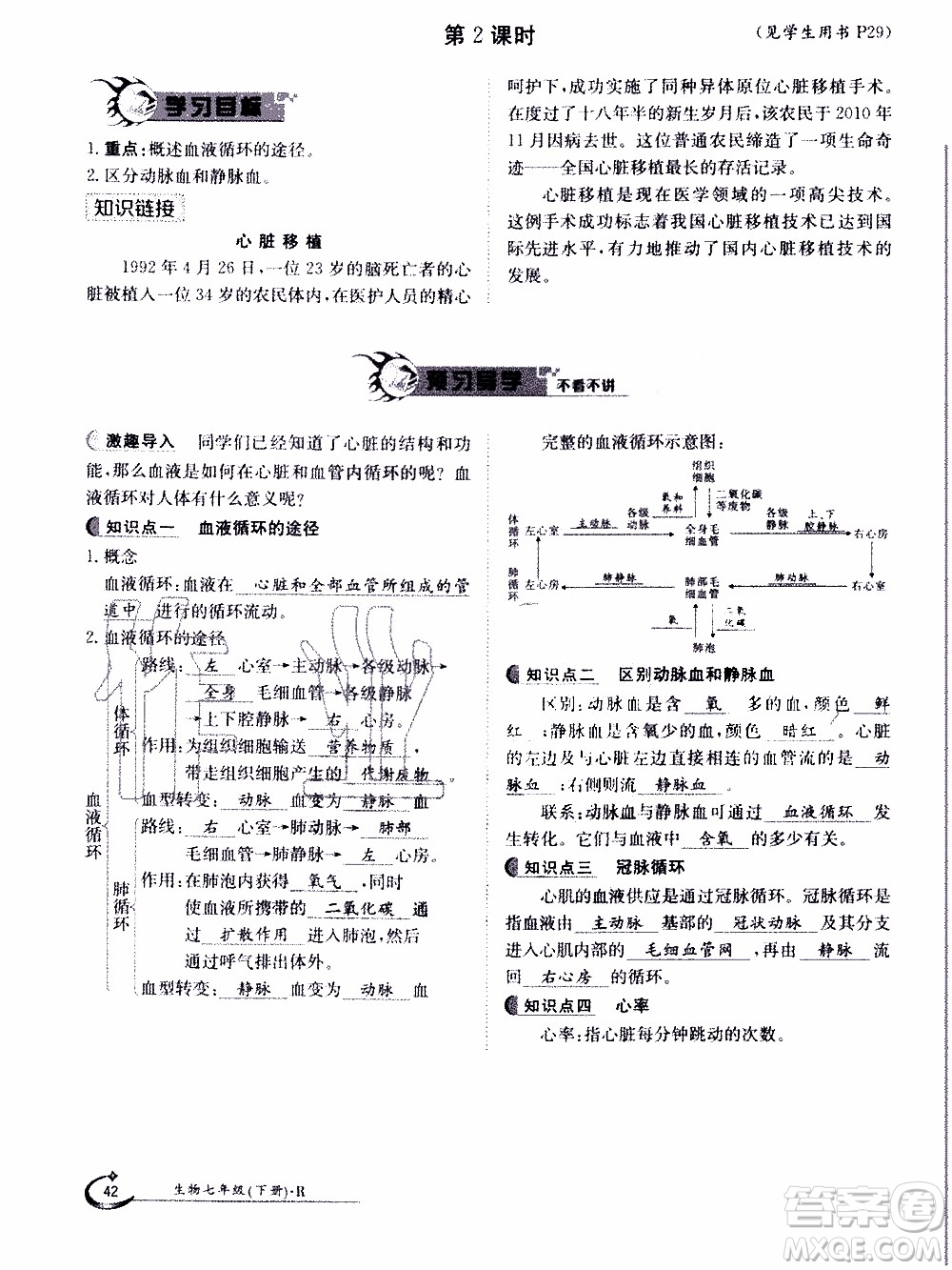 江西高校出版社2020年金太陽導學案生物七年級下冊參考答案