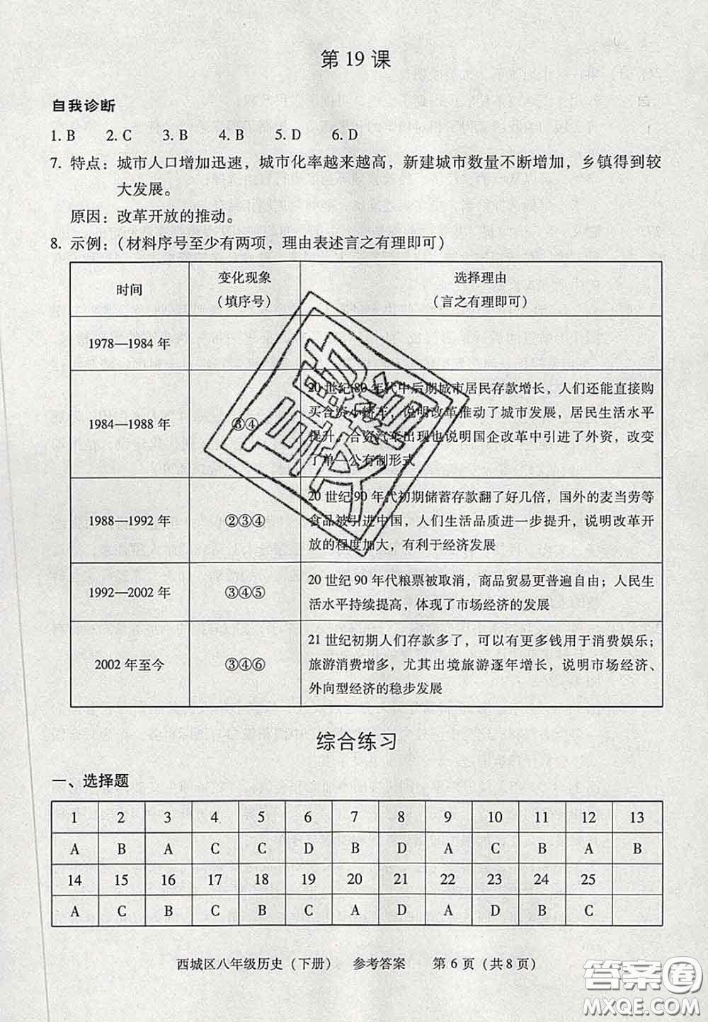 2020春北京西城學(xué)習(xí)探究診斷八年級(jí)歷史下冊人教版答案