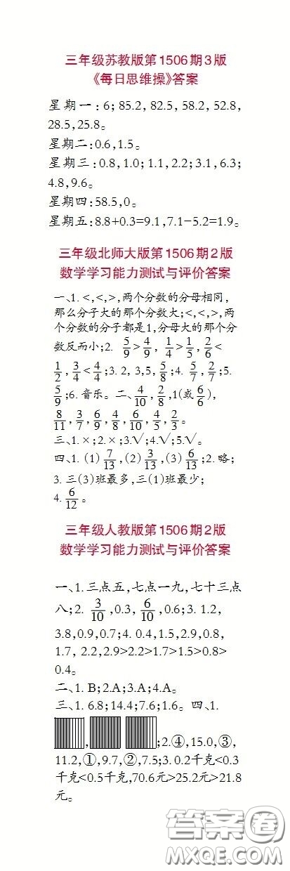 2020年小學生數(shù)學報三年級下學期第1506期答案