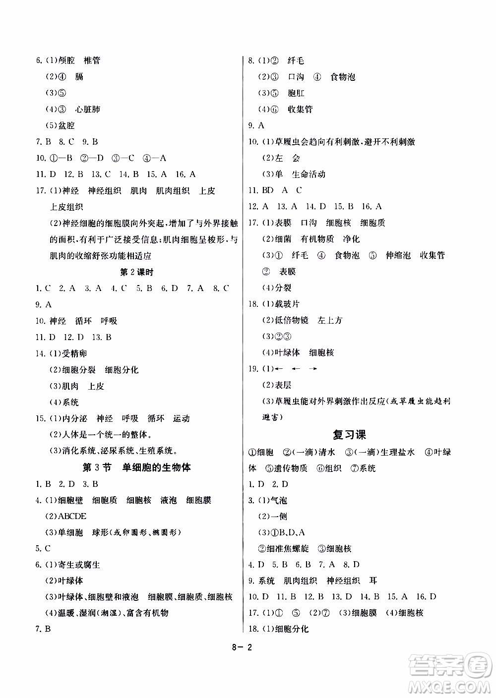 江蘇人民出版社2020年課時(shí)訓(xùn)練生物學(xué)七年級(jí)下冊(cè)江蘇版參考答案