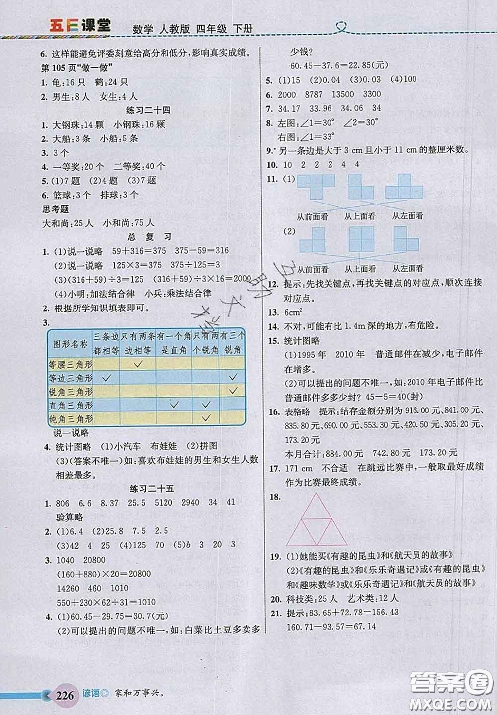 河北教育出版社2020新版五E課堂四年級(jí)數(shù)學(xué)下冊(cè)人教版答案