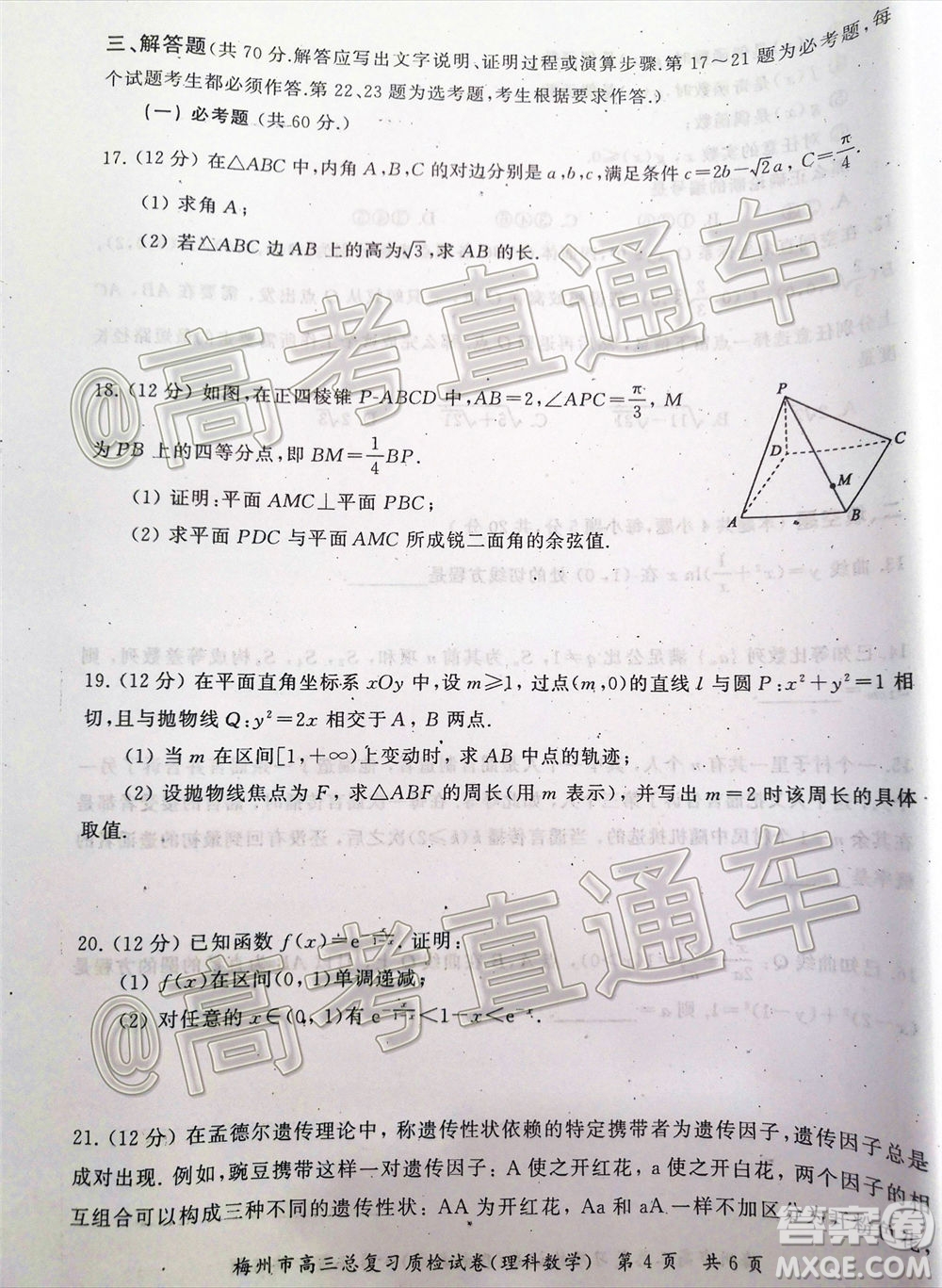 2020年5月梅州市高三總復習質(zhì)檢試卷理科數(shù)學試題及答案