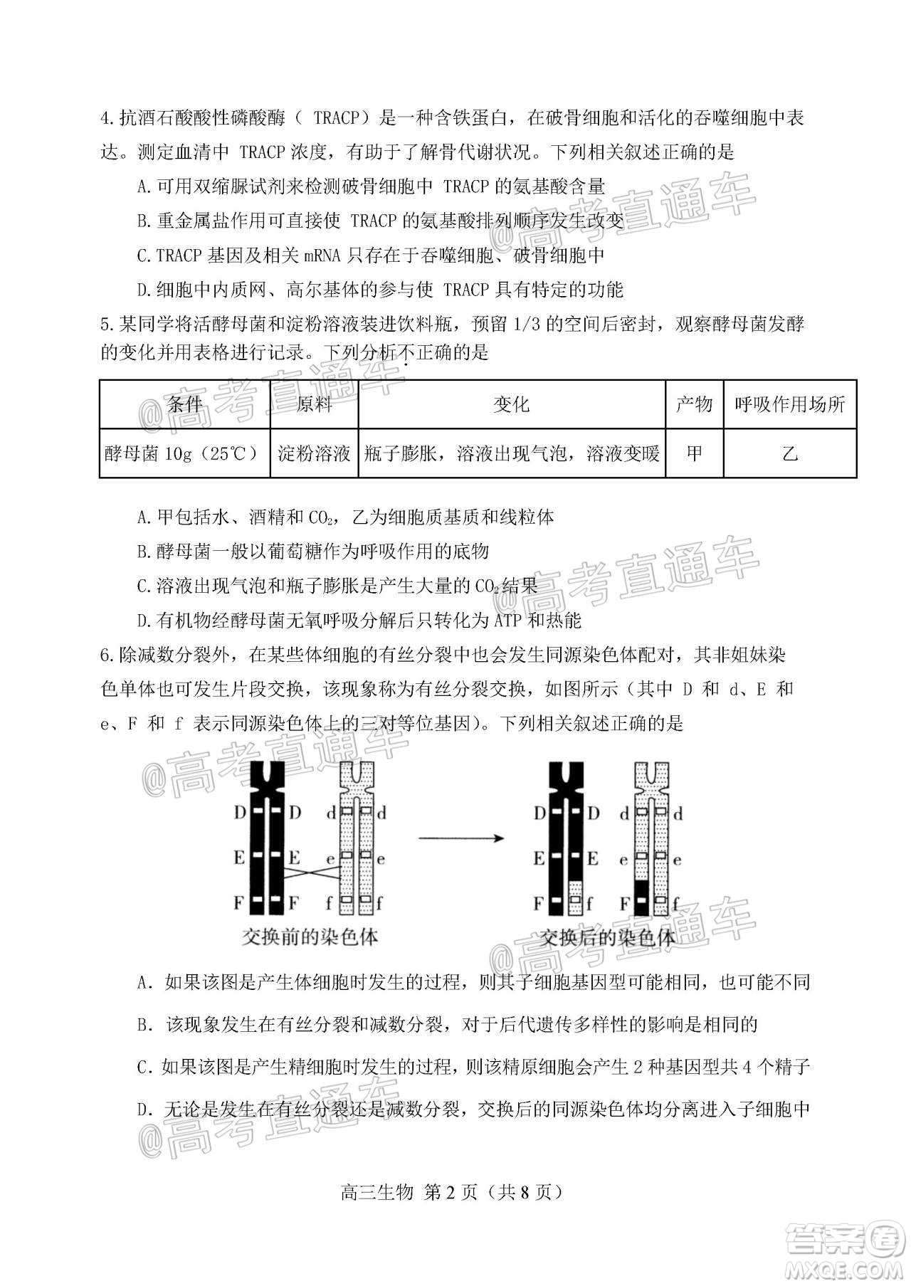 天津市河北區(qū)2019-2020學(xué)年度高三年級(jí)總復(fù)習(xí)質(zhì)量檢測(cè)一生物試題及答案