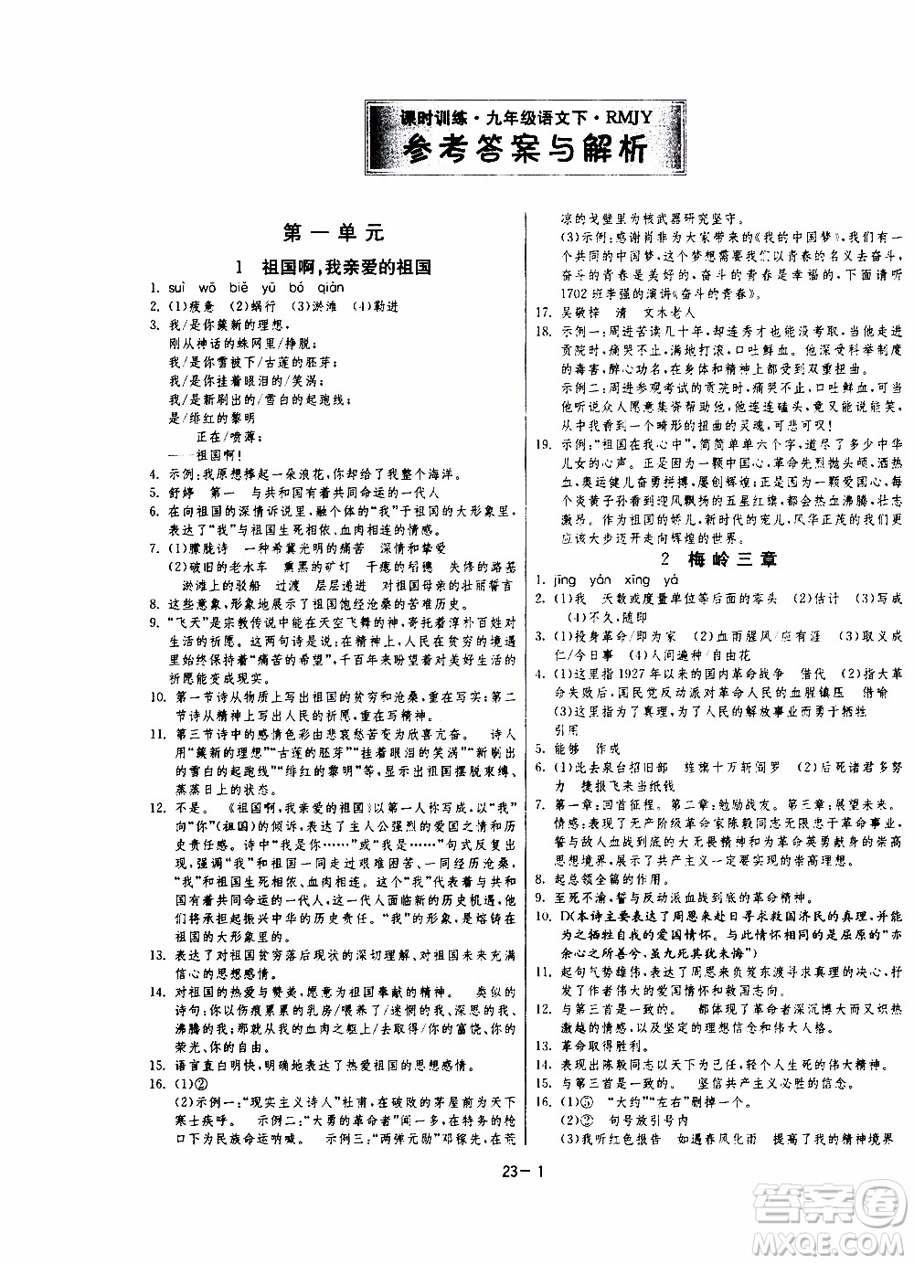 2020年課時(shí)訓(xùn)練九年級下冊語文RMJY人民教育版參考答案
