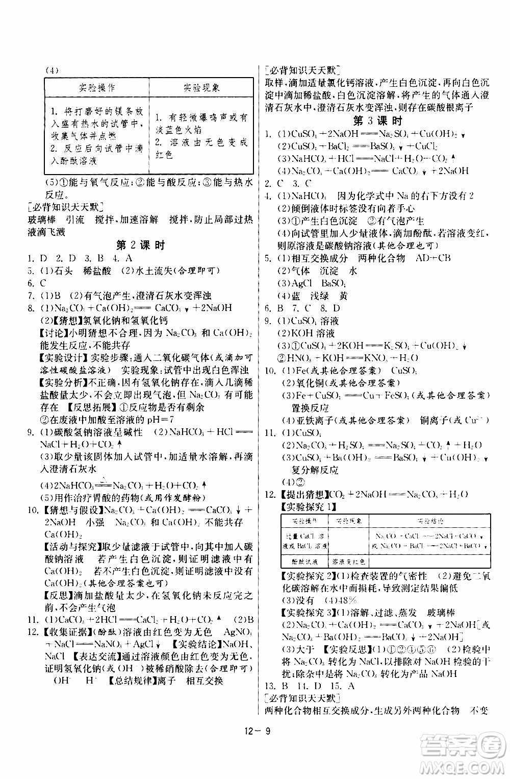 2020年課時訓(xùn)練九年級下冊化學RMJY人民教育版參考答案